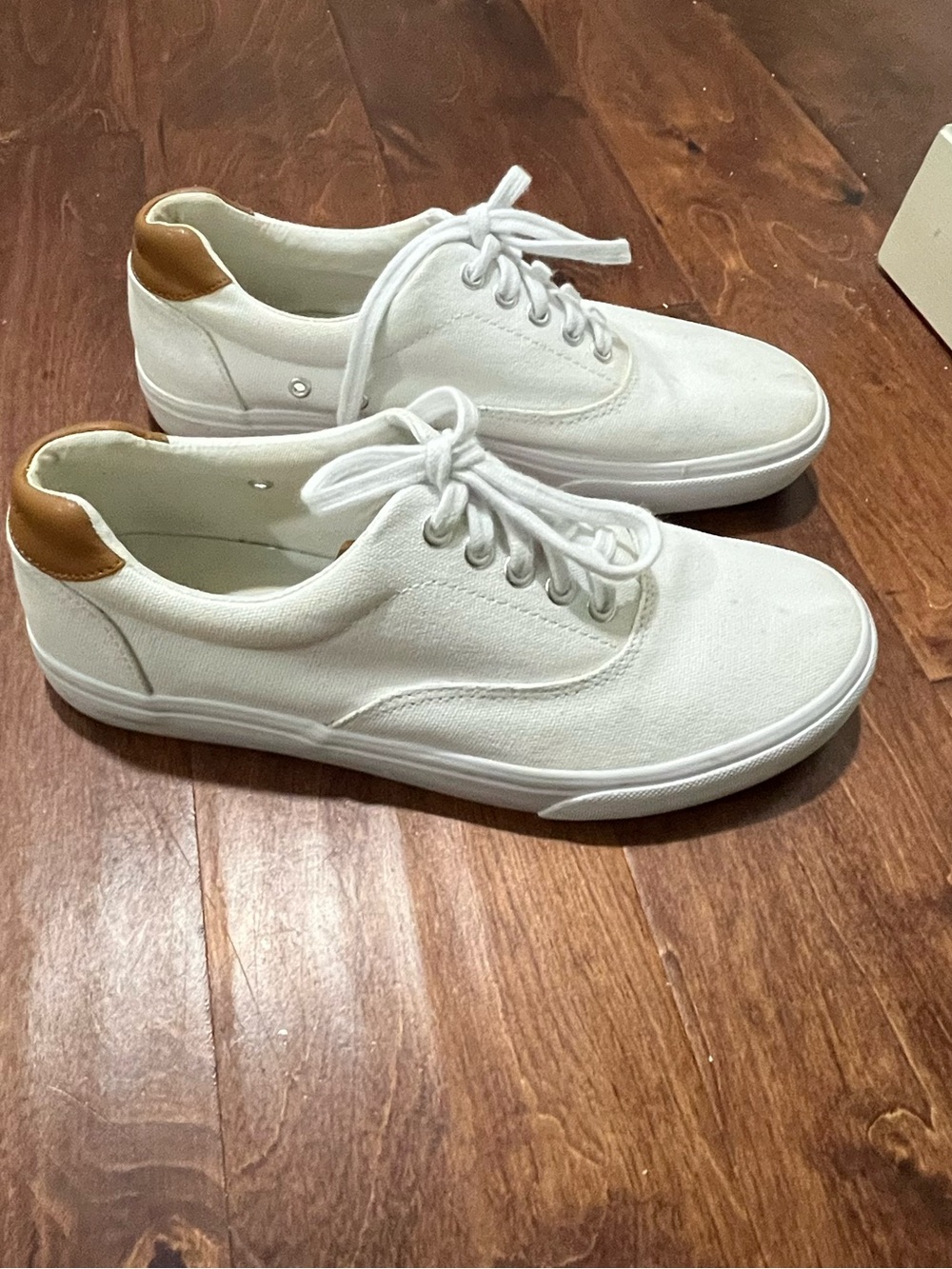 J. Crew White Canvas Sneakers with Tan Heel Accent